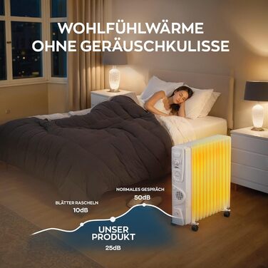 Електричний масляний радіатор Heinrich з 13 ребрами, 2500W, з вентилятором, терморегулятором, захистом від перегріву та нахилу, чорний