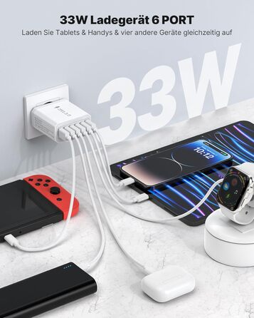 Зарядний пристрій USB 6-портовий, 33W, адаптер з QC 3.0, зарядний пристрій з декількома USB, мережевий адаптер для iPhone 16 15 14 13 12 11 Pro Max, iPad, смартфонів, білий