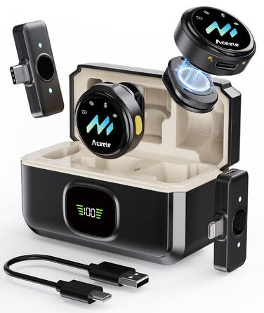 Мікрофон-петличка Aceele бездротовий для iPhone/Android/планшетів/ПК, Hi-Fi звук, шумозаглушення, 24 години роботи, радіус дії 50м, мініатюрний мікрофон для відео/стрімінгу/влогів/подкастів/інтерв'ю з кейсом для зарядки