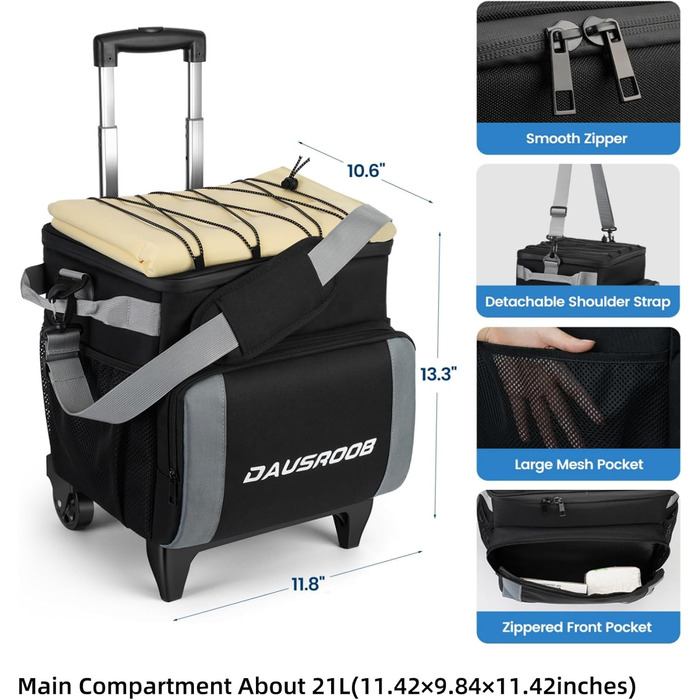 Ізольований холодильник на колесах 48 літрів для пікніка, кемпінгу, риболовлі, пляжу - сірий/чорний