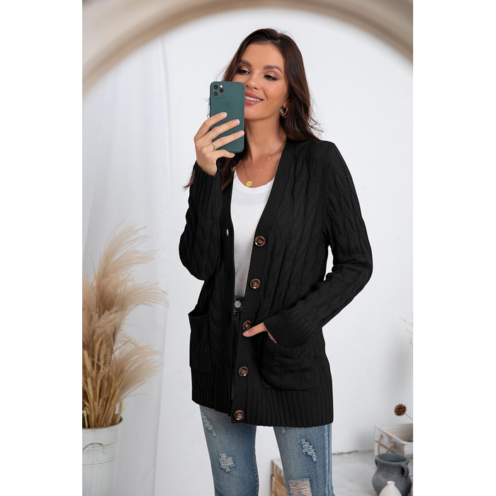 Жіночий в'язаний кардиган GRECERELLE з кишенями, довгий, елегантний, великого розміру, чорний, для осені/зими/весни