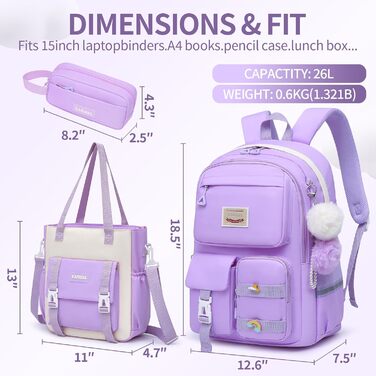 Дитячий рюкзак для школярів: для ноутбука, підручників, з багатьма кишенями, для підлітків, дітей, подорожей, 17 дюймів, фіолетовий