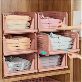 SNSLXH 5 Pack Stackable Closet Shelf Organizer, Multifunctional & Foldable Closet Organizer for Bathroom Kitchen Closet Storage, Space-Saving Closet Drawer Storage Box, White (5 pack Pink)
