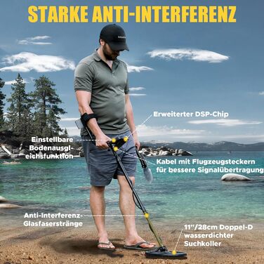 Металдетектор 13''/33см Profi з великою водонепроникною двокотушковою пошуковою котушкою, високою чутливістю та функцією Pinpointer, для пошуку золота, для дорослих з LCD-дисплеєм (Сірий)