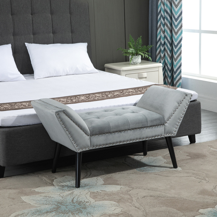 HOMCOM Upholstered Bench, Modern Bed Bench with Rubberwood Legs and Velvet Upholstery in Light Grey, 114x46x56cm for Entryway & Living Room