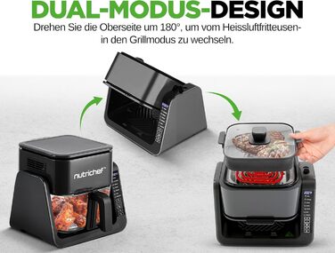 Фритюрниця NutriChef з гарячим повітрям, XXL 8л, подвійна камера, вікно огляду, max 360°C, 9 програм, антипригарне покриття, можна мити в посудомийній машині, безжирова фритюрниця, гриль, випічка, 1700W (4л - чорний)