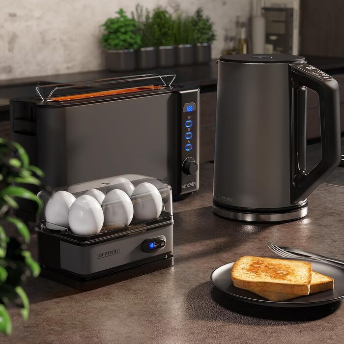 Набір чайник та тостер Arendo: чайник 2200W, 1,5L, регулювання температури, тостер 1000W на 2 тости/булочки, яйцеварка на 1-6 яєць, BPA free, колір: сірий