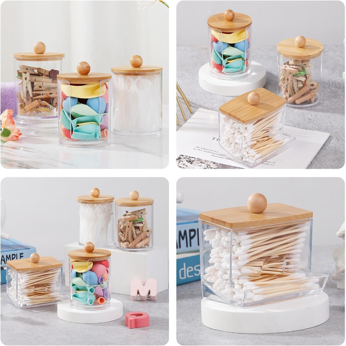 Контейнер для ватних паличок (4 шт.) з бамбуковою кришкою - органайзер для макіяжу, ватних дисків, для ванної кімнати та спальні