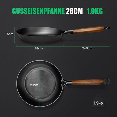 Чавунна сковорода YUTANN 28 см, для індукції, газу, електроплити, з антипригарним покриттям, без PFAS/PFOA, чорна