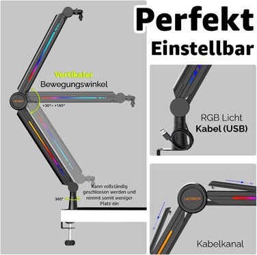 Кріплення мікрофона IXTECH RGB Boom Arm: регульований тримач для стрімінгу, геймінгу, чорний