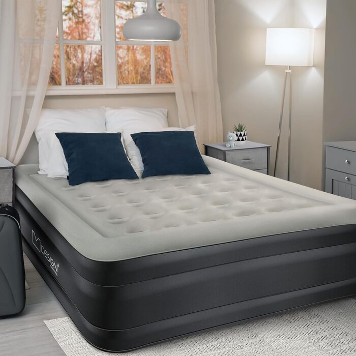 Надувна матрац 2 персони ML-Design 203x157x47 см сірий, сертифікат TÜV, самонадувний з електричною помпою 230V, для кемпінгу, гостьовий двоспальний матрац + сумка для перенесення сірий