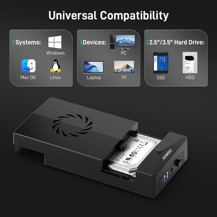 Док-станція FIDECO для HDD/SSD 2.5'' та 3.5'' SATA, USB 3.0 5Gbps, зовнішній корпус для жорстких дисків з вентилятором та підтримкою UASP