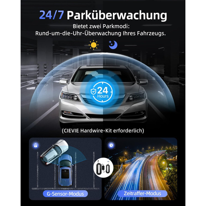 Dashcam CIEVIE C200: 4K, IPS 1.5', WiFi 5G, 64GB, 360° обертання, WDR, Нічне бачення, Паркування 24/7, G-сенсор, Loop, 170°