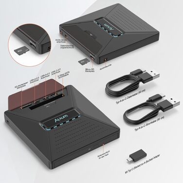 Зовнішній DVD/CD привід Alxum USB-C 3.0 для ноутбука з картридером SD/TF та додатковим USB-портом, Plug & Play для Windows, Linux, Mac OS