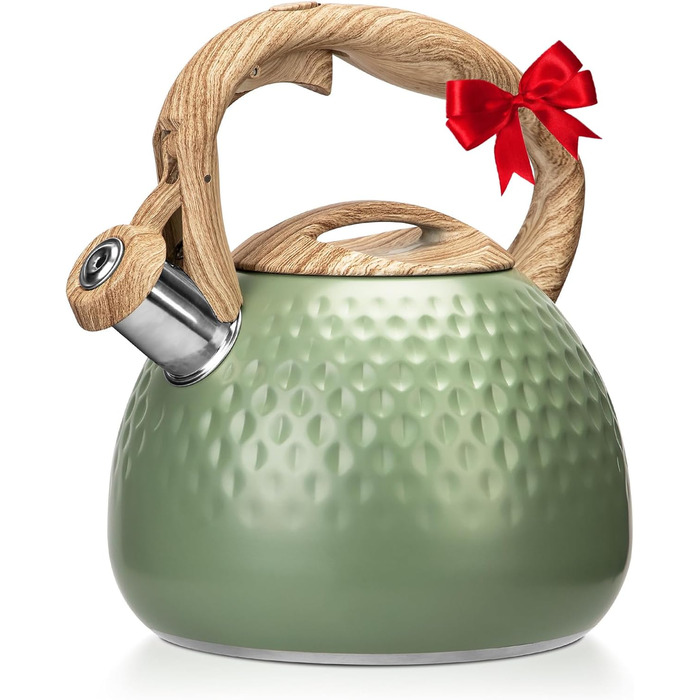 Чайник для заварювання чаю Teekessel 2,7 л з емальованим покриттям зеленого кольору з імітацією дерева, з носиком, з нержавіючої сталі, антижаровий ручка оливкового кольору