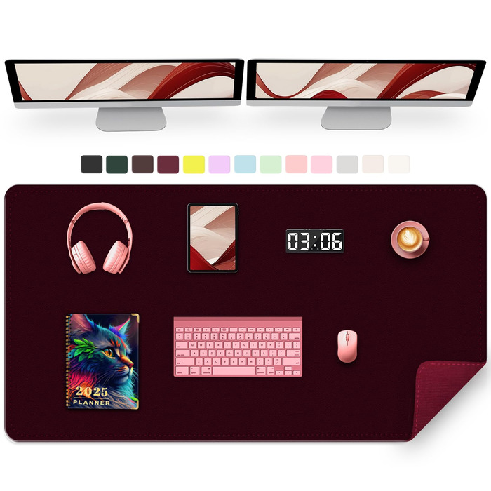 Підкладка на стіл 120x60 см з екошкіри PU, килимок для миші та клавіатури, водонепроникна, бордовий колір