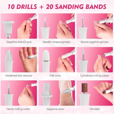 Набір для манікюру та педикюру Beautural, електричний фрезер для нігтів з LED-підсвічуванням, 10 насадок, для догляду за руками та ногами