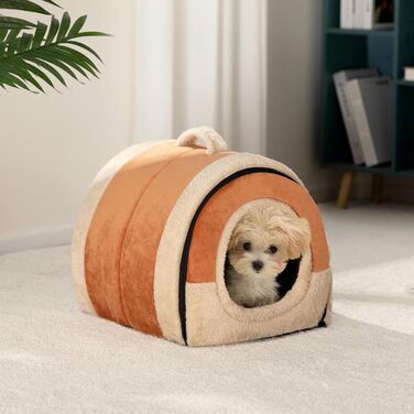 Hollypet Cat Bed, Small Dog Bed, 2-in-1 Foldable Plush Pet Bed for Cats & Small Dogs, Cozy and Soft Pet Cave Bed for Indoor Outdoor, (Orange Brown)