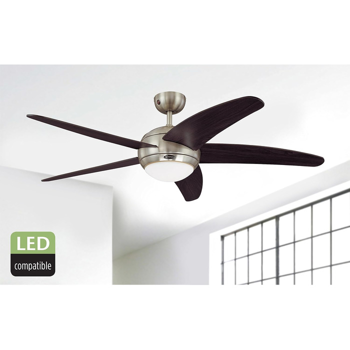 Стелянка-вентилятор Westinghouse Bendan 132 см з однією лампою та п'ятьма лопатями, сірий хром, опалове скло, енергоклас G