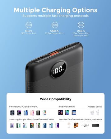 Power Bank VEEKTOMX 10000mAh: Компактний повербанк 22,5W з PD 3.0 та QC 3.0, USB-C, для iPhone/Samsung/Huawei/Xiaomi/AirPods/iPad, чорний