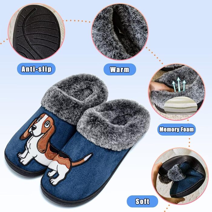 Тапочки домашні жіночі чоловічі з вишивкою у вигляді милого собаки, теплі, з плюшевою підкладкою, зимові, синього кольору (46/47 EU)