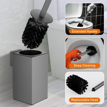 Набір для чищення унітазу з нержавіючої сталі 304, комплект з щіткою та тримачем для стіни, 2 насадки (сірий квадрат)