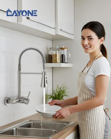 Змішувач кухонний настінний DAYONE з висувною лійкою, нержавіюча сталь, 3 режими, 360° обертання, відстань між отворами 15 см, матовий