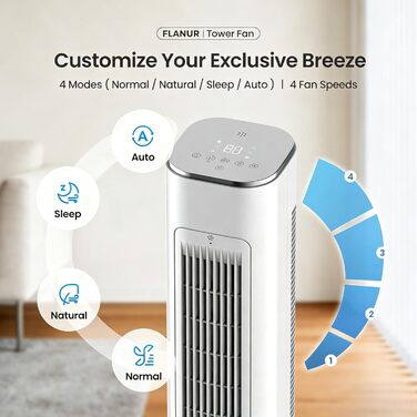 Вентилятор вежовий FLANUR WiFi Alexa, 108 см, 90° осциляція, 4 режими, таймер 12 год, білий