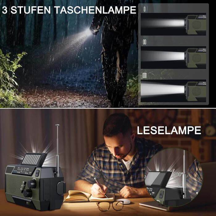 Радіо-кринка Notfall Weltempfänger 4000 mAh (14800 mWh) з 3 кабелями. Радіо для надзвичайних ситуацій з ручкою та сонячною панеллю, живлення від акумулятора, AM/FM/WB, SOS-сигнал, ліхтарик для надзвичайного спорядження Green