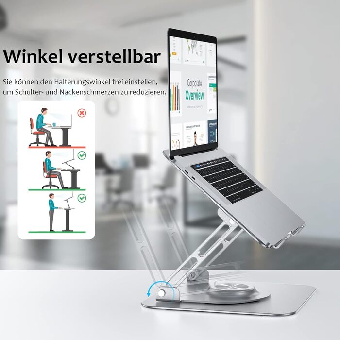 Підставка для ноутбука 360° з алюмінію, регульована висота, ергономічна, сумісна з MacBook/Dell/HP