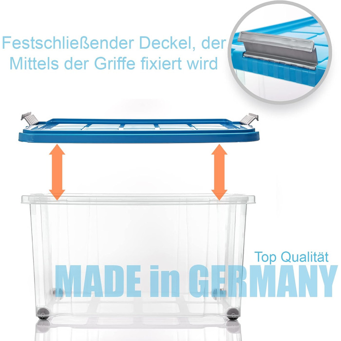 BigDean 4-Piece 60L Storage Boxes with Lid Large Steel - Stackable, Robust Box BPA-Free - Rollable Storage Box with Secure Click Closures - Made in Germany (Blue)