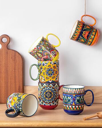 Набір чашок з порцеляни, керамічні чашки капучино/маг - посуд для 6 осіб, набір чашок для кави - богемний стиль (400мл)