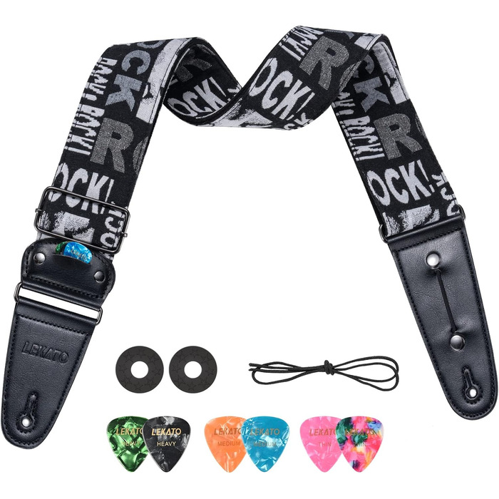 Гітарний ремінь LEKATO, смугастий, 6.7 см, з шкіряними кінцями та кишенькою для медіатора - з 6 медіаторами/фіксаторами ремінця - для бас-гітари, електрогітари та акустичної гітари
