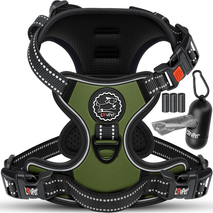 Шлейка для собак без натягу та задухи, дихаюча та м'яка, світловідбиваюча | No-Pull шлейка з кишенькою для відходів | Регульована шлейка з ручкою - (L, Хакі)