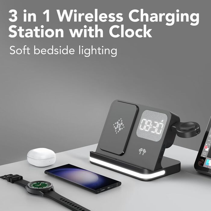 Бездротова зарядка 4-в-1 з будильником для Samsung Galaxy: Watch, Buds, Fold, Flip, S-серії (чорний)