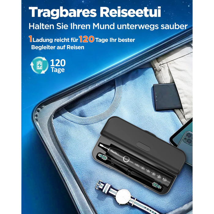 Електрична зубна щітка зі звуковими вібраціями, 8 насадок (3 типи), таймер, 120 днів роботи від акумулятора, 5 режимів чищення, чорний колір, для дорослих, з зарядною станцією