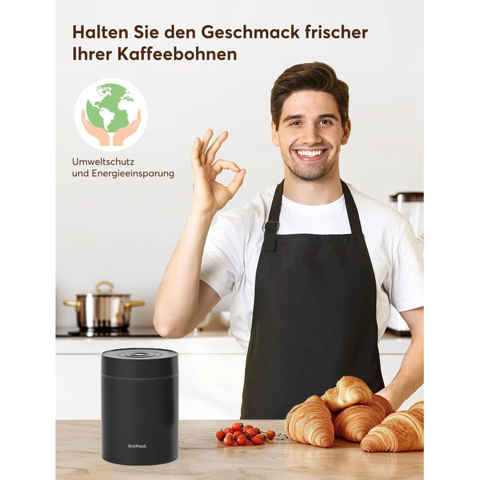 OUTPEAK 2025 Kilo Auto Вакуумна кавова банка 1,8L для 601.0 г кавових зерен, автоматичне керування, бак з нержавіючої сталі з ложкою, свіжість на 6 місяців (Вибір чемпіона бариста) 1.8L-S/Steel-Space Grey