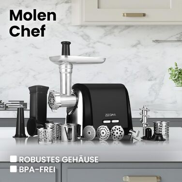 ZEEGMA Electric Meat Grinder - 1900W, Stainless Steel Plates, 3kg/min, Sausage Maker, Kubbe, Chopping, Dicing, REV Function, Accessory Kit