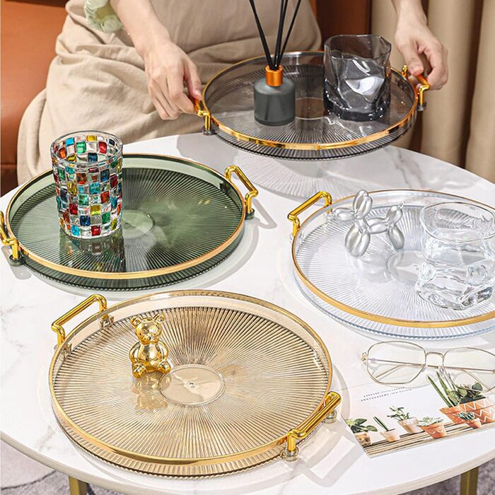 Round Serving Tray with Acrylic Handles, Golden Decorative Tray, Serving Tray for Coffee Table, Centerpiece, Kitchen, Large Metal Tray, Round Tray, Decorative Tray, Decorative Plate, Smoke Gray