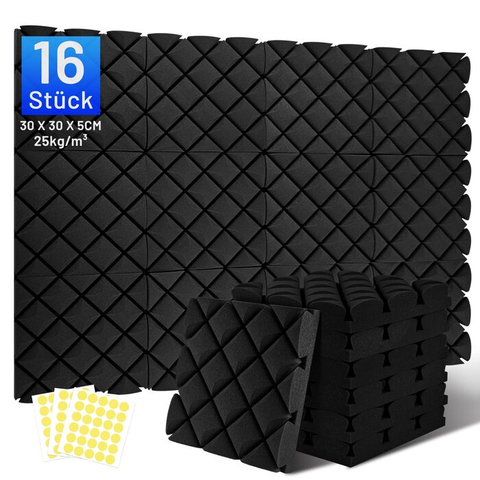 Акустичний поролон для звукоізоляції, шумопоглинаючі панелі 30x30x7.5 см, самоклеючі звукоізоляційні плити (24 шт) + 150 двосторонніх клейких подушок