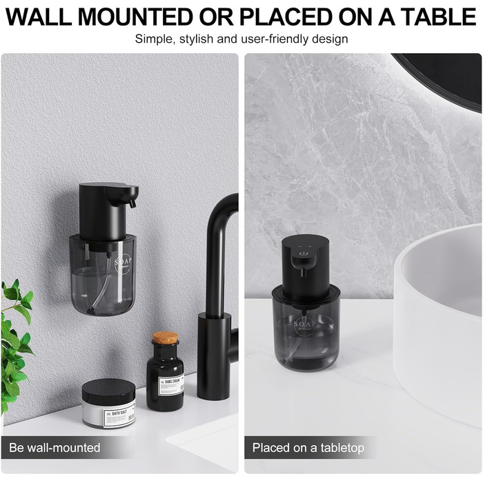 Автоматичний диспенсер для рідкого мила Cuteefun, 400 мл, сенсорний, індикатор заряду, 4 рівні дозування, для ванної/кухні, чорний