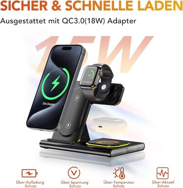 Бездротова зарядка Aimtel 3-в-1 з нічними ліхтариками: сумісна з iPhone 17/17 Pro/17 Pro Max/17 Air та Apple Watch, Air-Pods Pro/4/3/2. Чорний колір