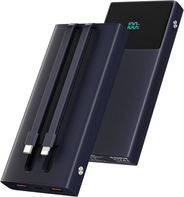 Портативний зарядний пристрій Power Bank 13000mAh з 2 вбудованими кабелями, LED-дисплеєм, підтримкою швидкої зарядки PD, сумісний з iPhone, Android та іншими пристроями (1 шт) - (Блакитний)