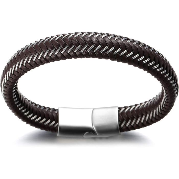 Чоловічий браслет Jazz Halukakah: шкіряний, ручної роботи, з магнітною застібкою, сталь, чорний та коричневий, регульований розмір 21.5-23 см, подарункова коробка