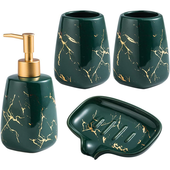 Набір аксесуарів для ванної кімнати: дозатор мила, мильниця, 2 стаканчика для зубних щіток (сірий, з малюнком мармуру)