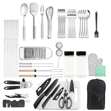 Набір кухонного приладдя для кемпінгу TIHOOK 36 шт. з нержавіючої сталі, з органайзером та 10 шампурами для гриля, для пікніків, походів та кемпінгу