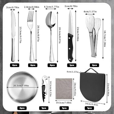 Набір посуду для кемпінгу на 4 особи, 22 шт. Посуд для відпочинку на природі, столові прибори (ложки, виделки, ножі), фіксатори для тарілок, серветки для миття. Ідеально для пікніків та подорожей.