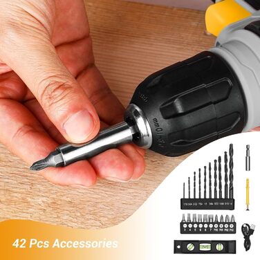 Акумуляторний шуруповерт-дрель DEKOPRO 8V 42шт з аксесуарами: ударний, LED-підсвітка, 12Nm, регулювання швидкості, для ремонту будинку (сірий)