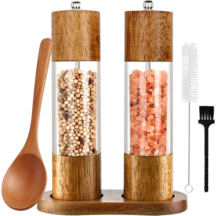 Salt and Pepper Grinder Set of 2 with Coasters, Manual Pepper Grinder, Wooden Salt Grinder, Adjustable Ceramic Grinder for Spices, Pepper, Salt, Height: 21.5 cm