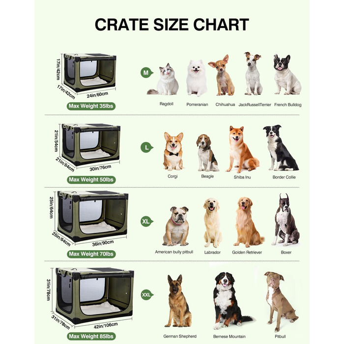 Складана переноска для собак середніх порід, 76x54x54 см, зелена. Зручна переноска для транспортування в авто, з міцною сіткою та м'якою підстилкою для дому та подорожей.